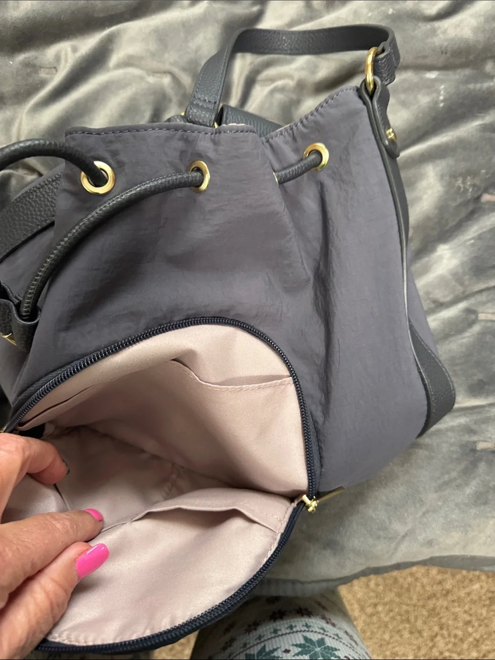 Isaac Mizrahi Dark Navy Drawstring Hobo with Gold Hardware